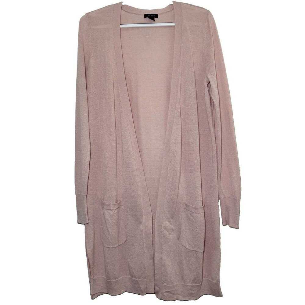 Halogen Medium Blush Pink Linen Blend Open Front Long Cardigan Duster Pockets